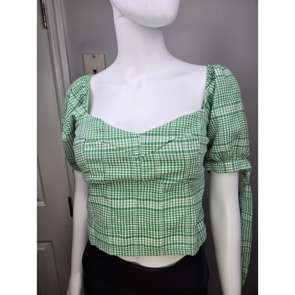 TCEC Green White Plaid Milkmaid Babydoll smocked Crop Puff Sleeve With ties L